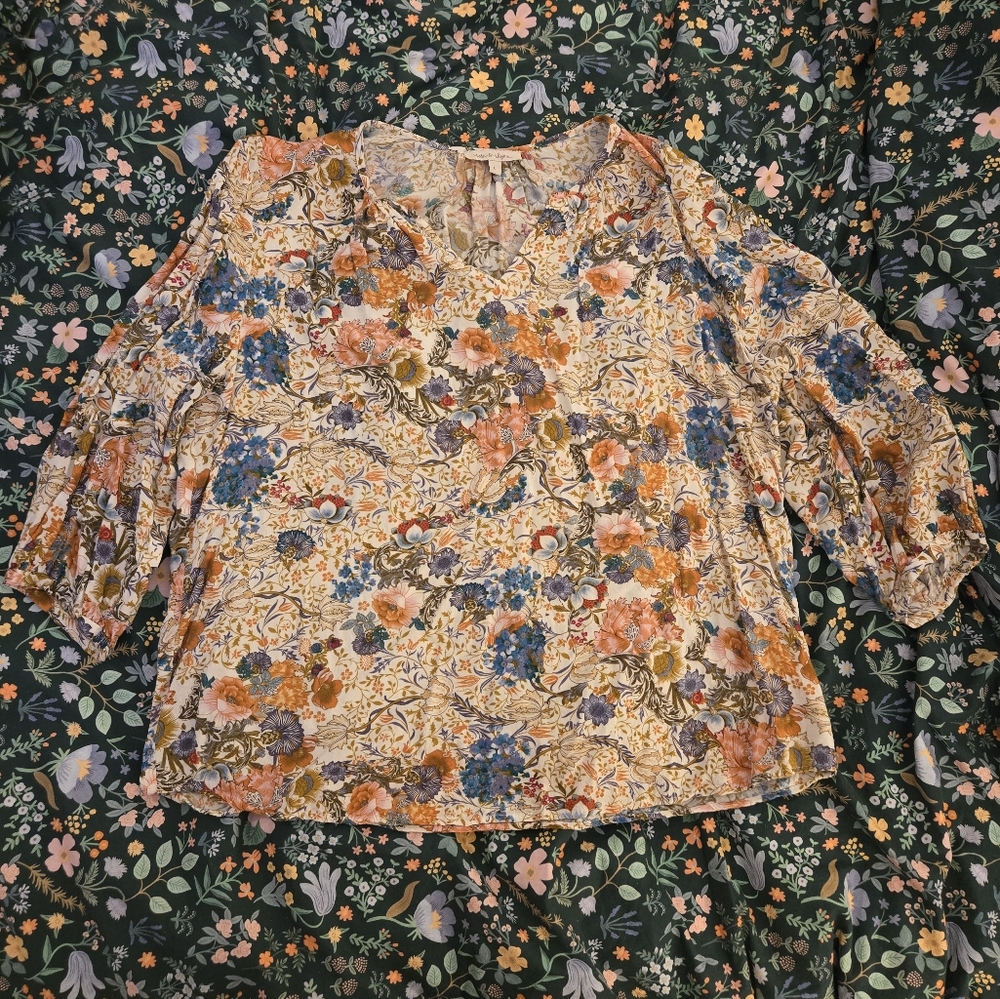 Rose & Thyme Floral 3/4 Sleeve Top, Size Large